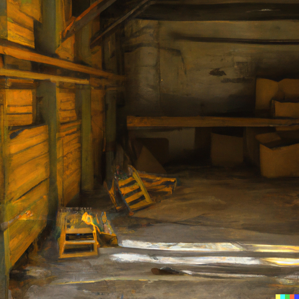 old warehouse storage, oil paint