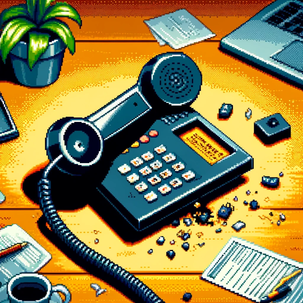A landline telephone shattered on a desk.