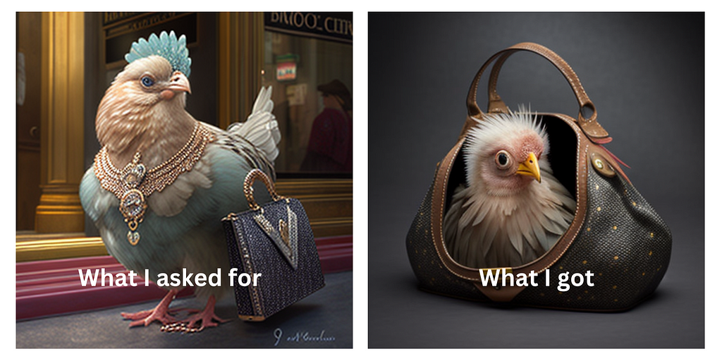 A fancily dressed chicken holding a purse was the desired image request of Midjourney. What it provided was a scruffy chicken pooking its head out of a hole cut from the side of a designer purse.