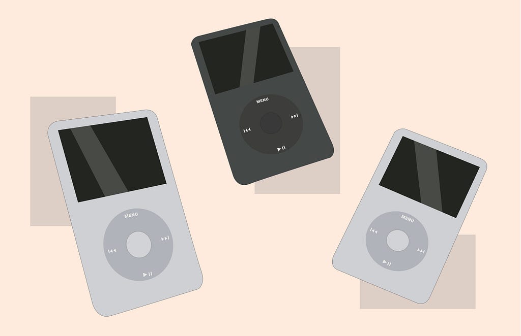Illustration of three fifth generation Apple iPods, one in the color black and two in the color silver.