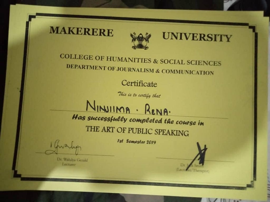 Rena’s certificate in the Art of Public Speech.