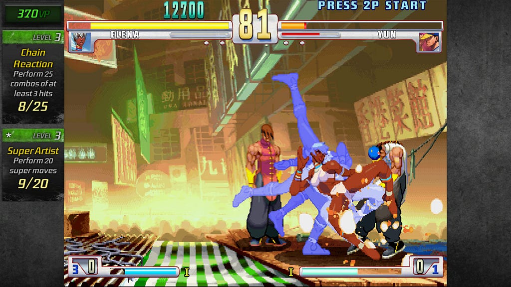 Screenshot di Street Fighter III: 3rd Strike Online Edition: Elena sferra un potente calcio a Yun.