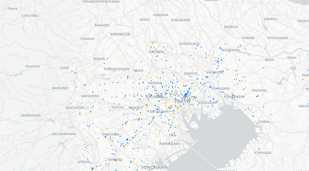 A map that shows pizzerias (in yellow) and gyms (in blue) in Tokyo