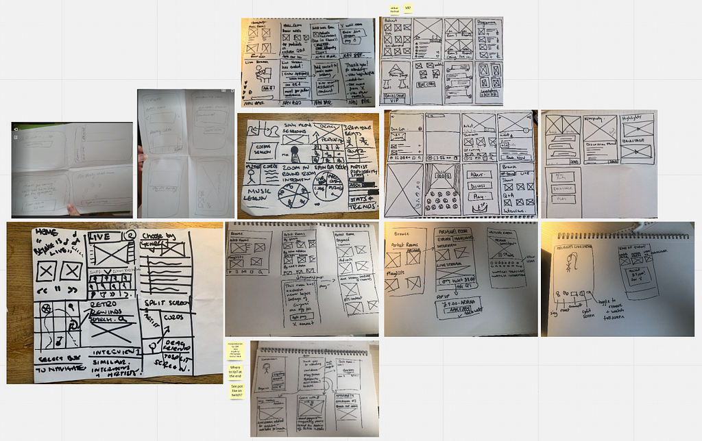 A collage of images showing paper sketches from the team design studio.