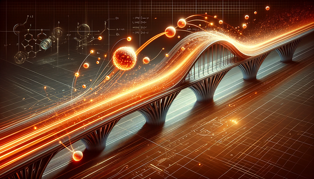 A futuristic and stylized side view illustration of a modern, sleekly designed bridge with metallic and glowing elements with particles moving across it, symbolising a “Brownian Bridge”. Particles, depicted as high-tech luminous orbs or spheres, have digital trails emphasising their motion.