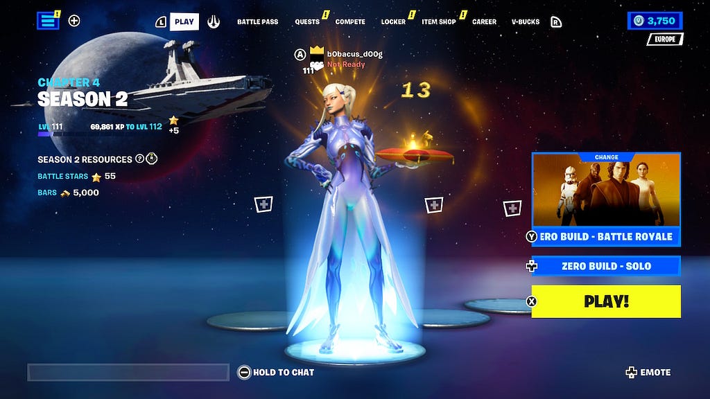 A Fortnite avatar holding a crown on a cushion. A gold number 13 hovers above the crown.