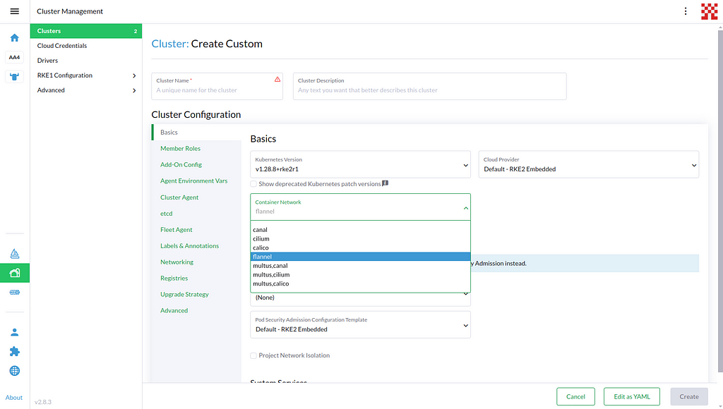 Screenshot of the cluster creation dialog on Rancher 2.8