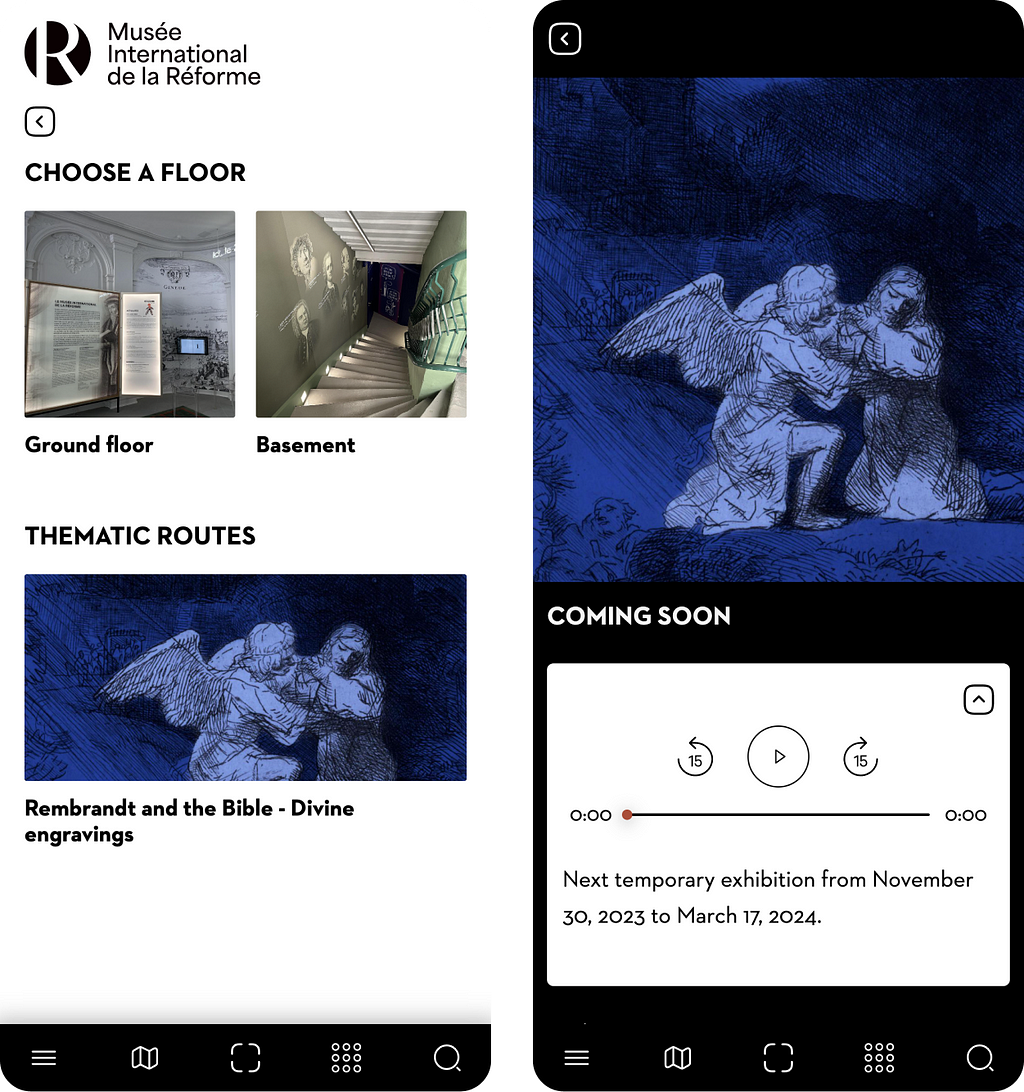 Mobile app interface for Musée International de la Réforme, with options to ‘CHOOSE A FLOOR’ showing images for ‘Ground floor’ and ‘Basement’. Below, a section for ‘THEMATIC ROUTES’ highlights ‘Rembrandt and the Bible — Divine engravings’. A teaser for a ‘COMING SOON’ exhibition dates from November 30, 2023, to March 17, 2024.