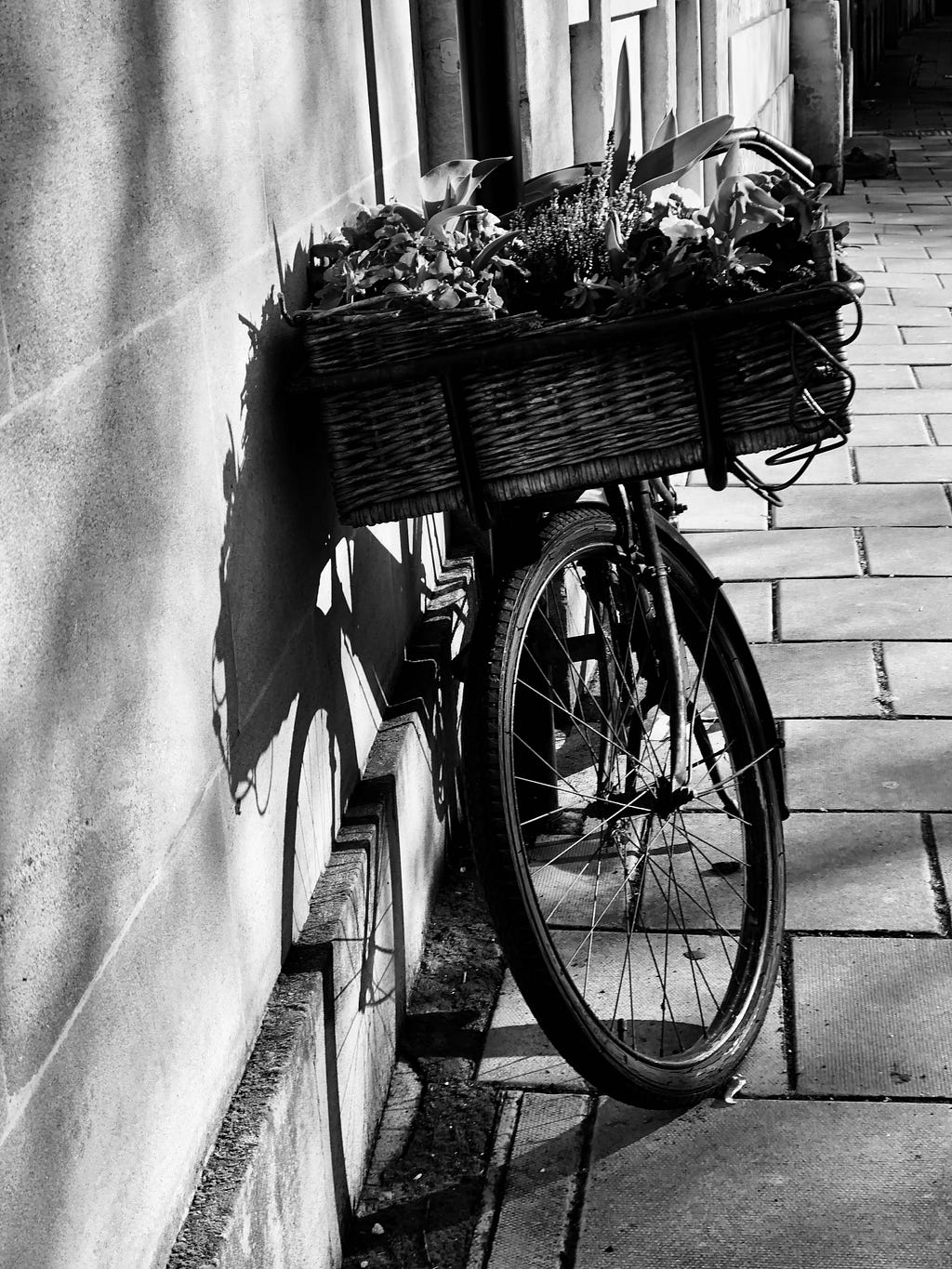black and white photo of a bike with a basket filled with flowers leaning agains a building