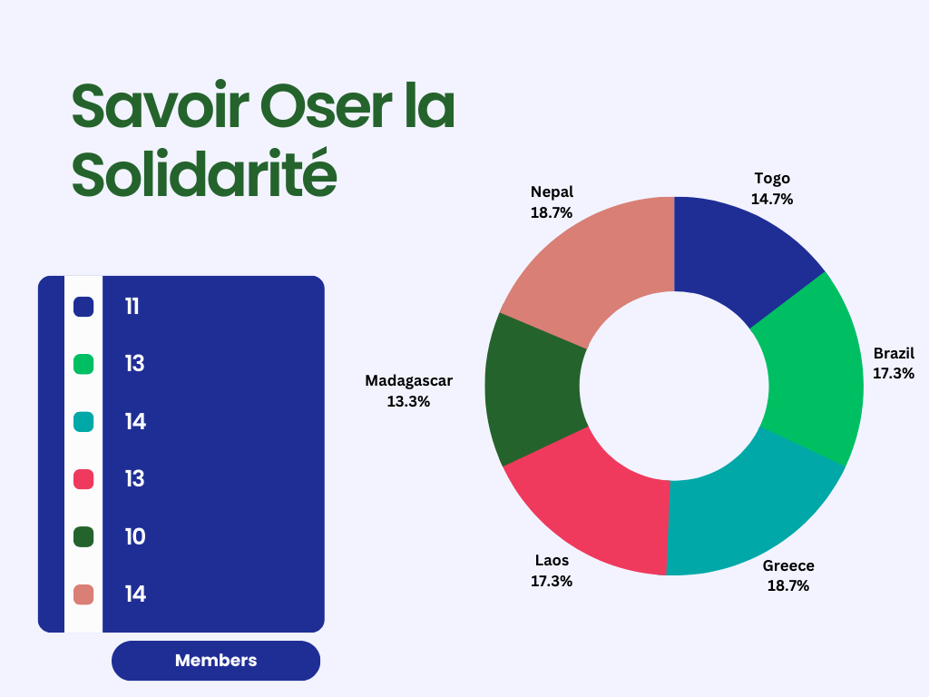 The graph mentions the number of members per project. The organisation has 11 people in Togo (14.7%), 13 in Brazil (17.3%), 14 in Greece (18.7%), 13 in Laos (17.3%) and 10 for Madagascar (13.3%). Data provided by Savoir Oser La Solidarité.