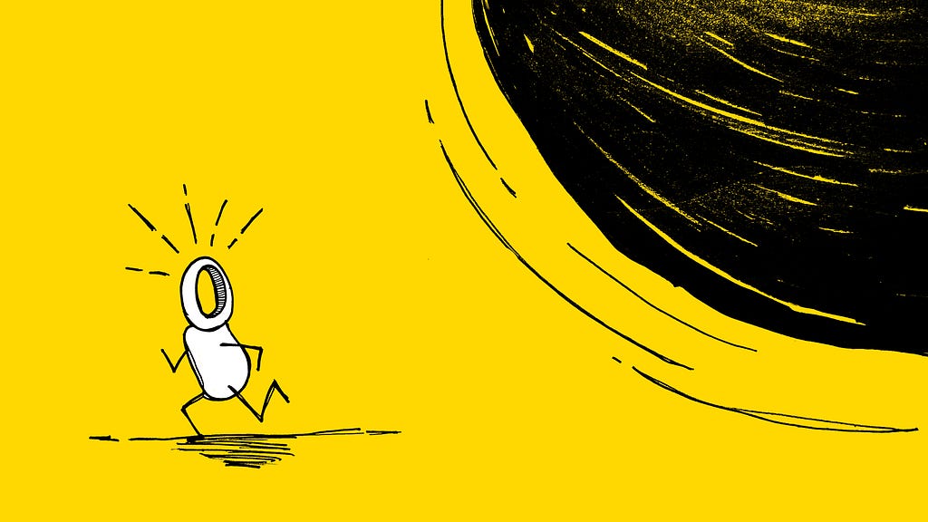 A faceless white figure runs away in terror from a large, rolling black sphere on a yellow background.