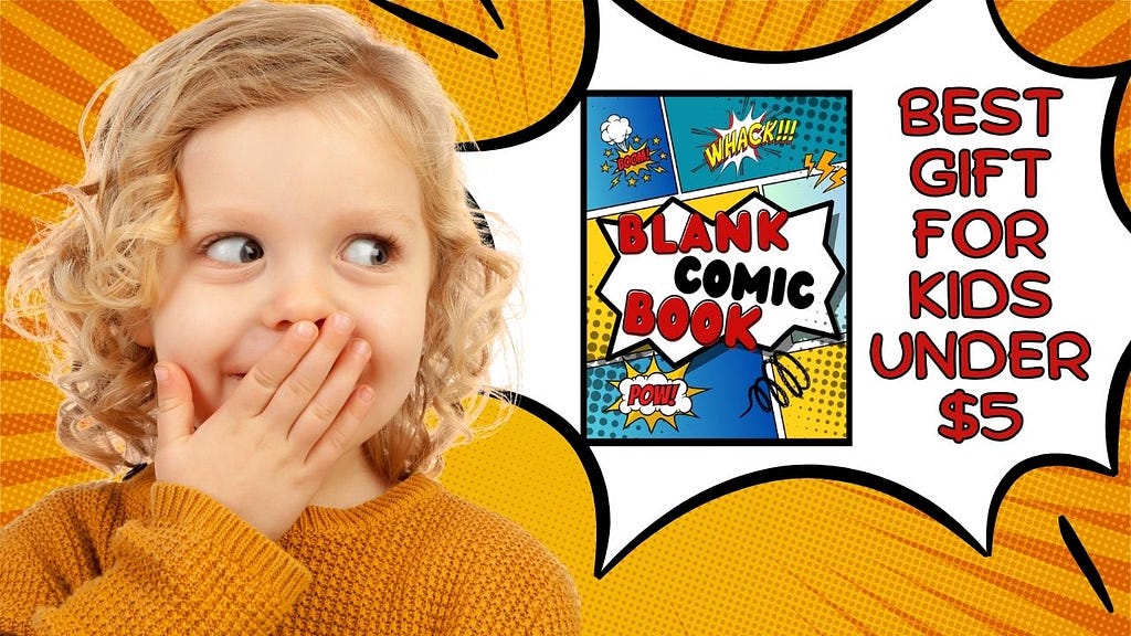 A toddler girl is looking at Blank Comic Book by Liana Milton which is the best gift for kids under $5