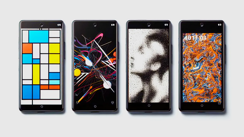 4 mobile phones, one has a Mondrian interface, another have a neon art interface, another a Jackson Pollock interface, and another a very stylish interface. They float on a white background.