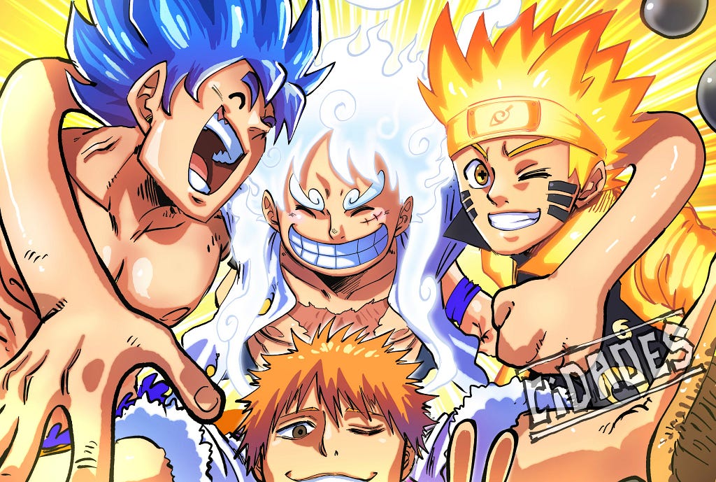 Luffy hugging Naruto Uzumaki from Naruto, Ichigo from Bleach, and Goku from Dragon Ball