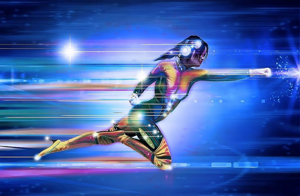 A superhero runner punching through the air
