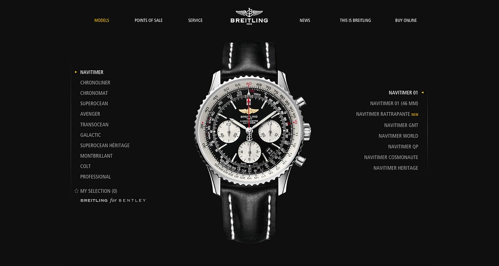Breitling website showing multiple design principles: balance, alignment, scale, and symmetry.