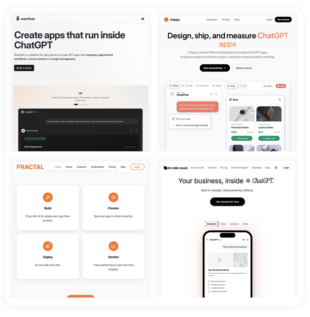 Four landing pages arranged in a grid, each promoting tools for building or deploying apps inside ChatGPT, with headings, call-to-action buttons, and product interface previews.