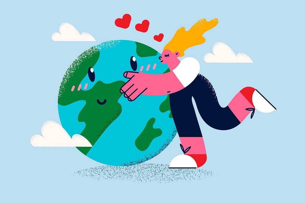 Vector image of woman embracing the earth sending love and hearts to it.