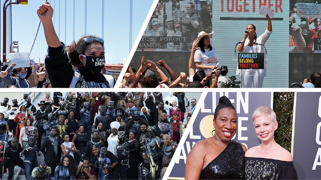 Top left: young black woman with fist raised at a Black Lives Matter rally, wearing an I can’t breathe mask; Top right: America Ferrera and Alicia Keys at the podium at a Families Belong Together Rally. Alicia has the mic and her fist in the air. Bottom left: Black Panther Cosplay gathering. Over twenty people, mostly black and brown, in Black Panther costumes. Bottom right: metoo founder Tarana Burke and actress Michelle Williams at the 2018 Golden Globe Awards