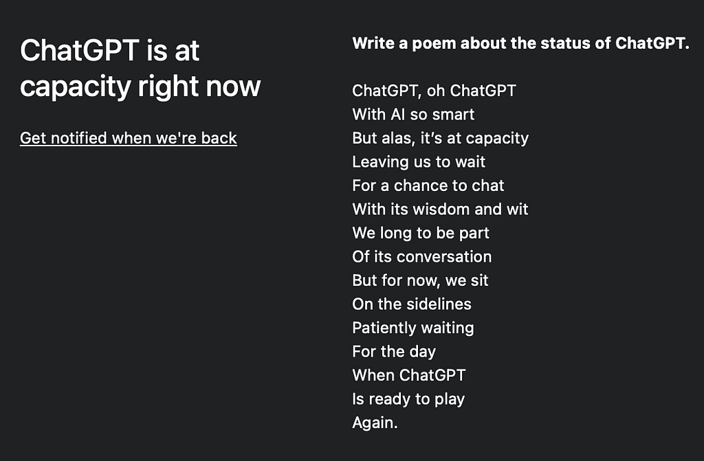 A screenshot of ChatGPT over capacity screen, which says “ChatGPT is at capacity right now”