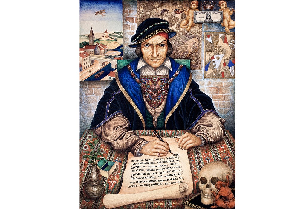 “The Scribe” by Arthur Szyk — The text of the document commentary on the state of the world, written by the artist. At first, the period of the painting seems to be medieval because of the scribe’s clothes. But on closer inspection, we can see an airplane, cherubs holding a dollar bill, and an abstract painting in the style of Picasso. Source: Wikimedia Commons