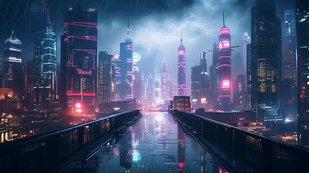 A mesmerizing cityscape shot on a Sony Alpha 1, capturing the essence of a sprawling cyberpunk metropolis. Skyscrapers pierce the night sky, their neon signs reflecting off the rain-slicked streets below. Holograms dance between buildings as silhouettes of cyber-enhanced individuals move hurriedly under the glow of electric umbrellas. Use high contrast and high saturation to emphasize the neon colors and create a rich, vibrant atmosphere — ar 16:9