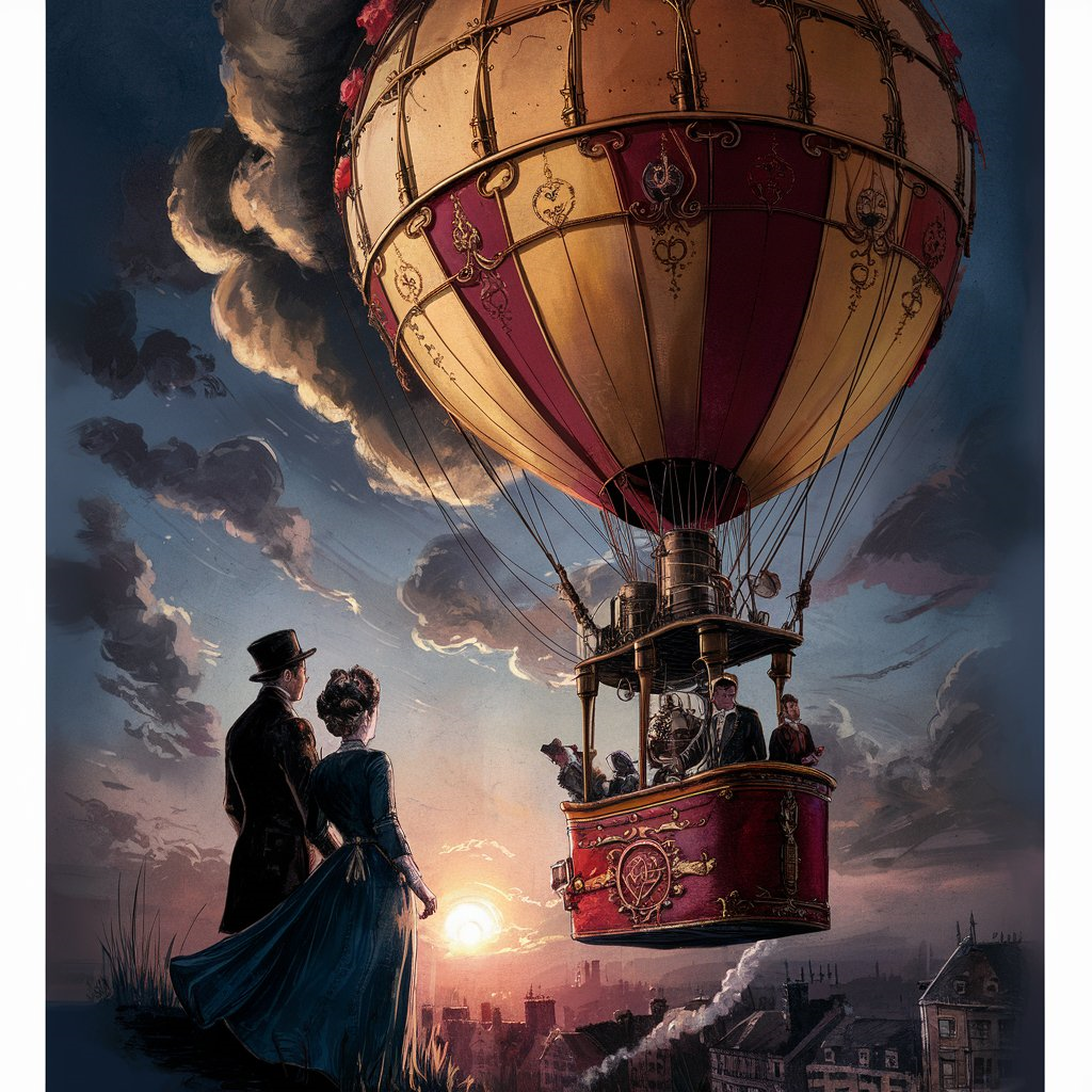 The image features a large, steam-powered balloon floating high in the sky. The balloon is a patchwork of bright, vibrant colors, with visible steam billowing out from its engine. With a patchwork of bright, vibrant colors, the balloon gracefully floats high in the sky, its engine billowing out into visible steam. A small, rustic gondola hangs beneath it, and a lone figure gazes out, taking in the breathtaking view below.