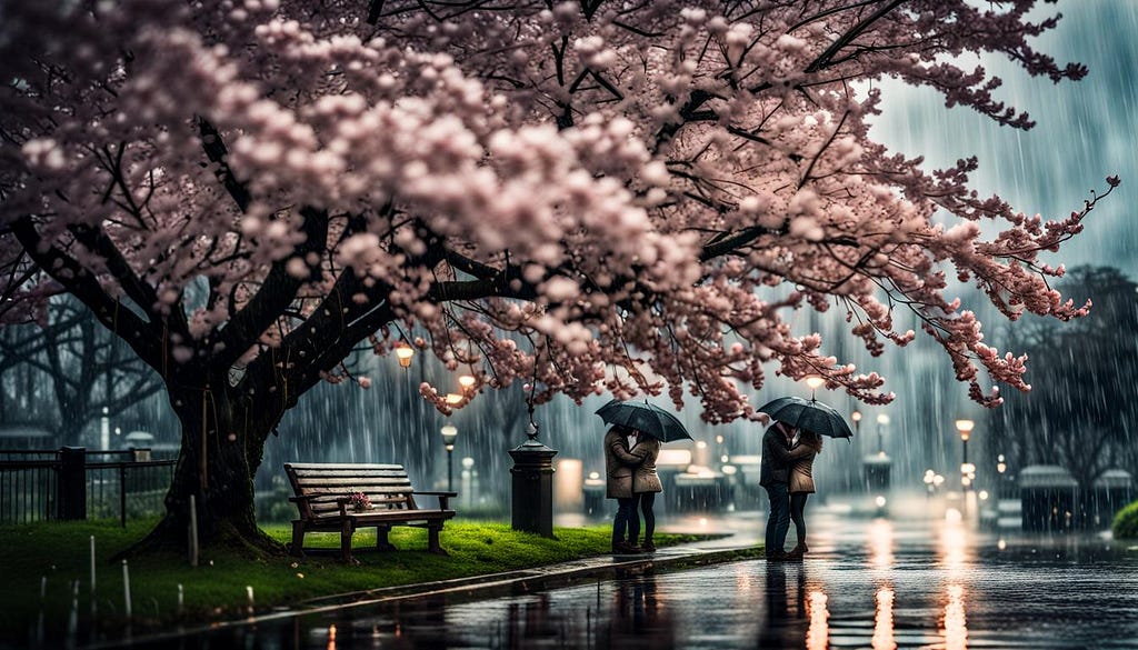 lovers beneath cherry tree, in heavy rain