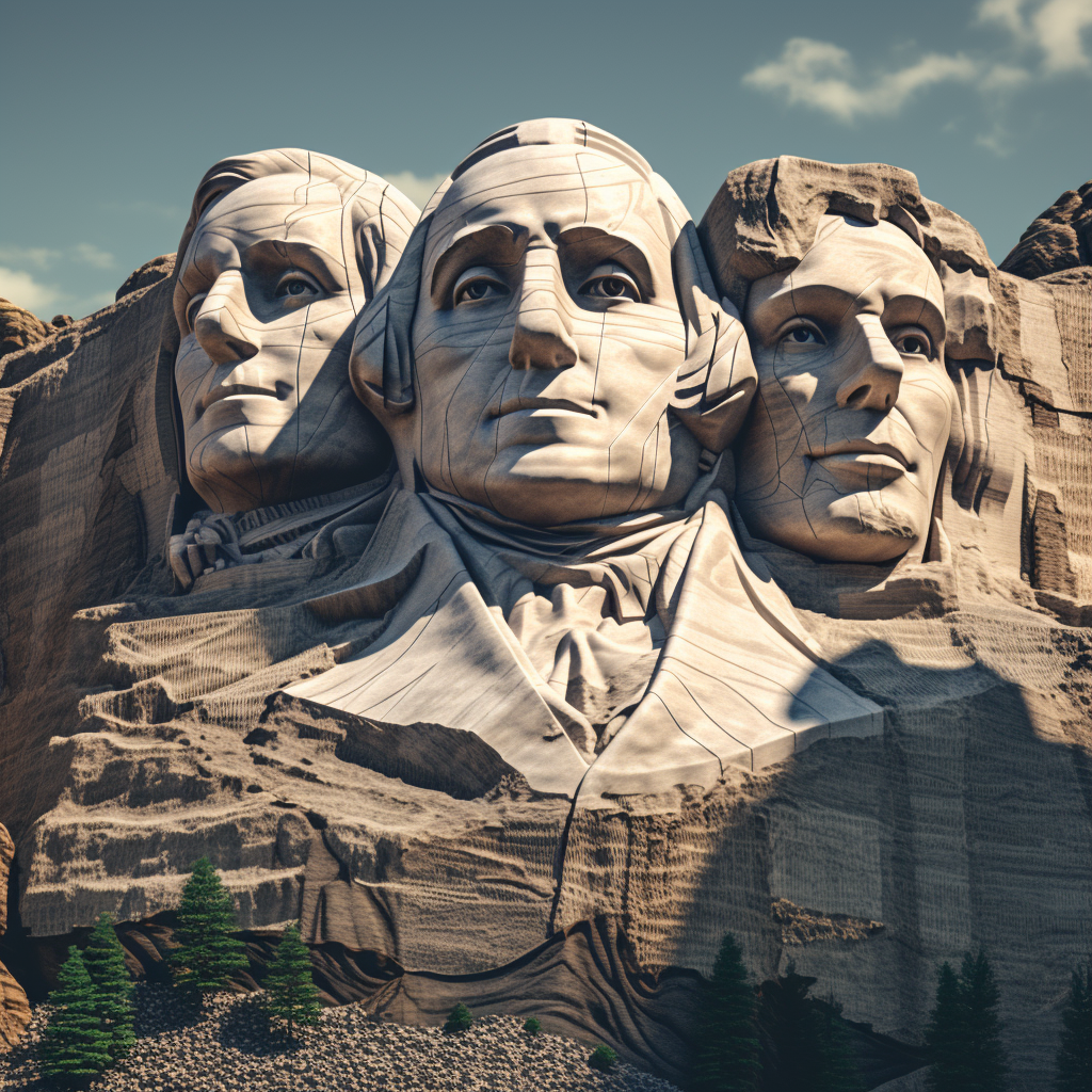 The faces of Elon Musk, Steve Jobs, and Jeff Bezos carved into a giant mountain similar to Mount Rushmore.