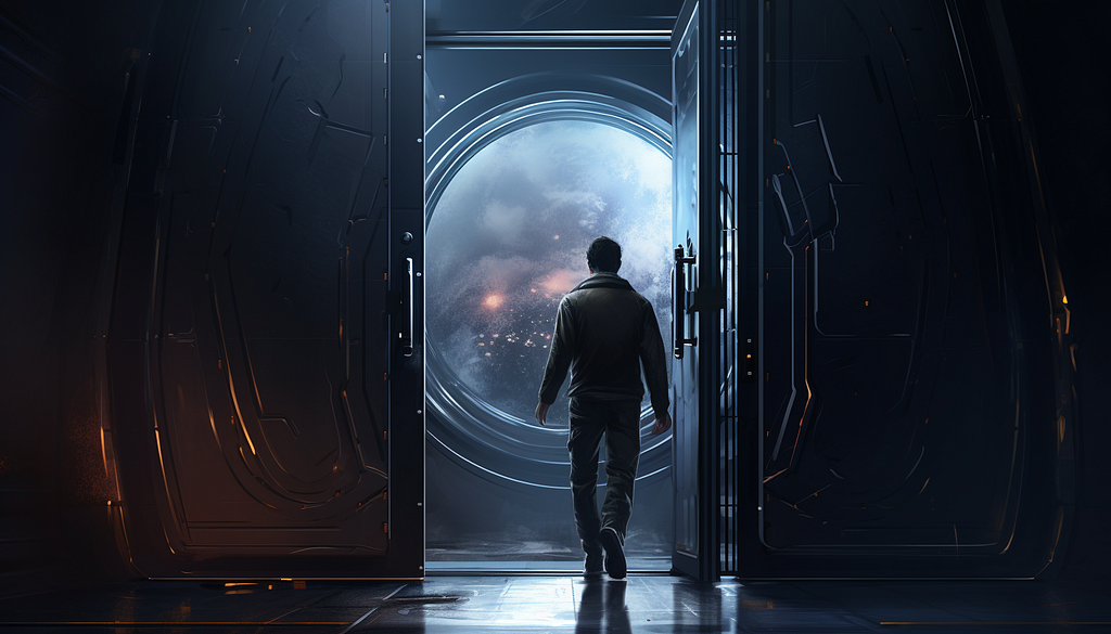 A man walking through a doorway and faces a celestial orb.