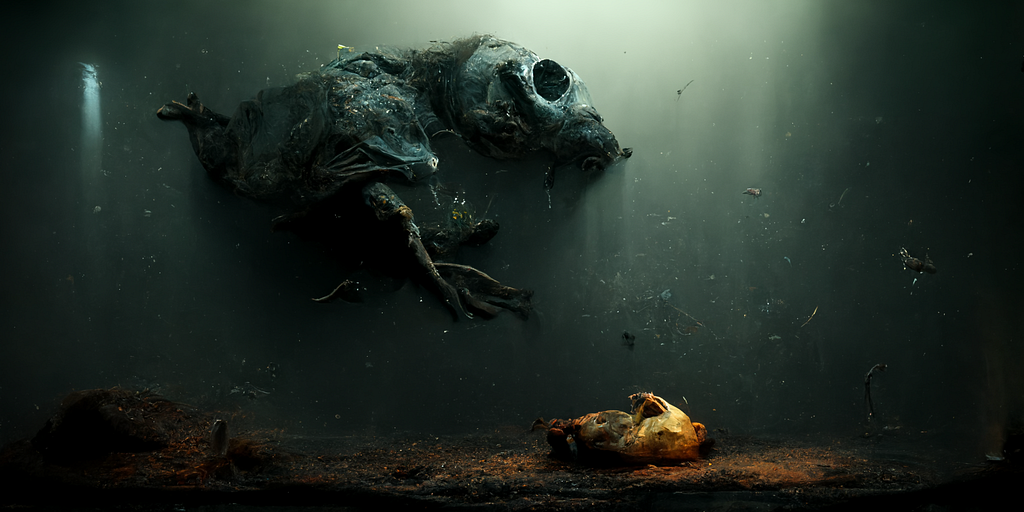 A dead sea creature in a large fishtank