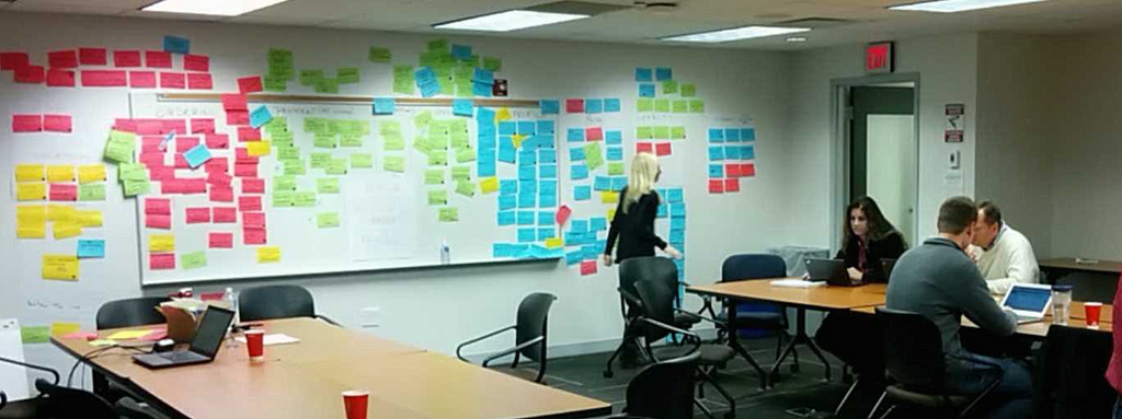 An image of a design thinking workshop with many sticky notes with ideas posted along the wall.