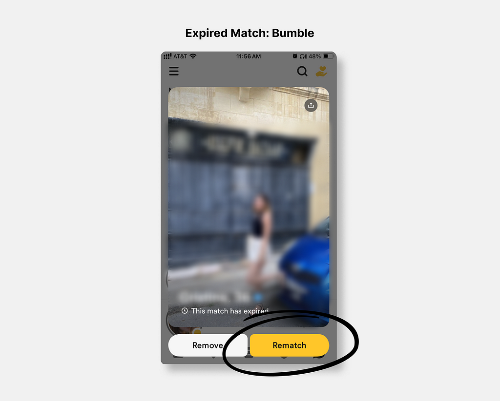 A screenshot of Bumble depicting an expired match, with a button that says “Rematch”.