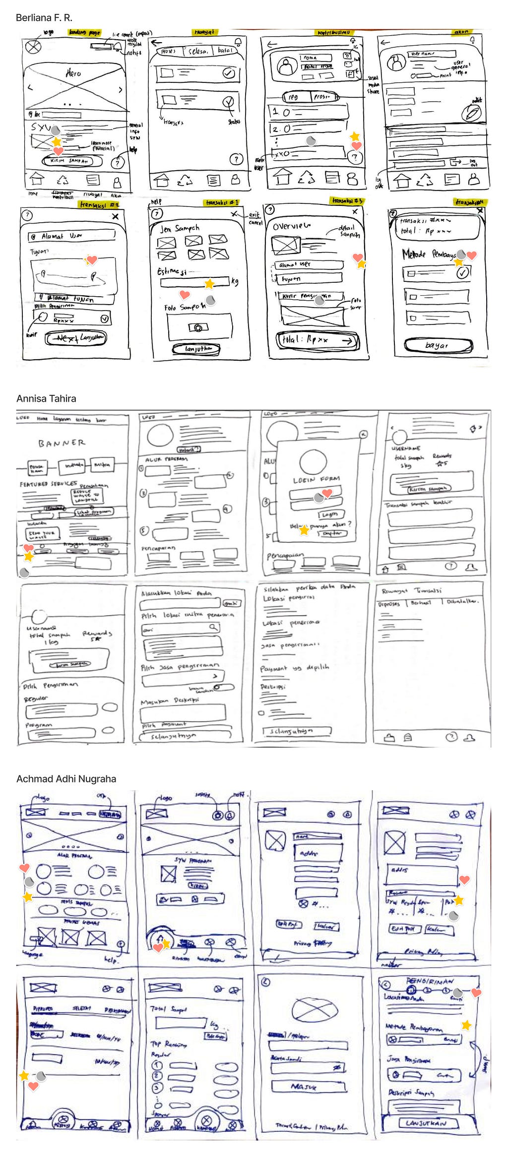 The sketches of UI design ideas that we resulted by conducting a Crazy 8’s session.