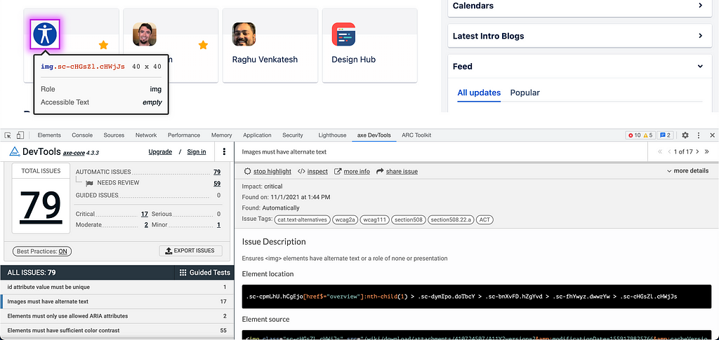 axe DevTools showing 79 issues and an image failure is highlighted
