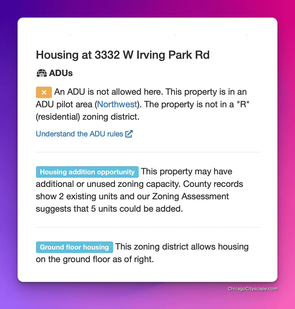 screenshot of a part of ChicagoCityscape.com showing zoning advice