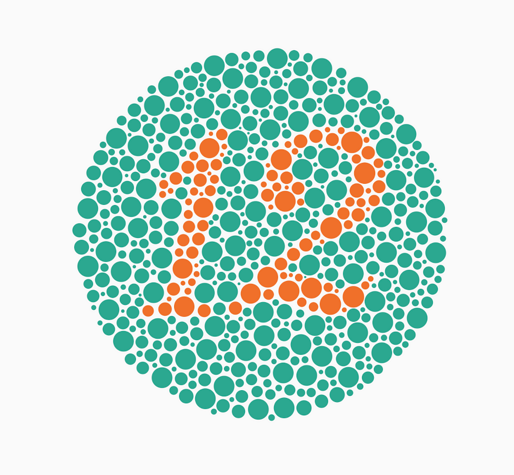 A circle with many smaller circles inside of it. Some circles are colored to make the shape of the number “12”.