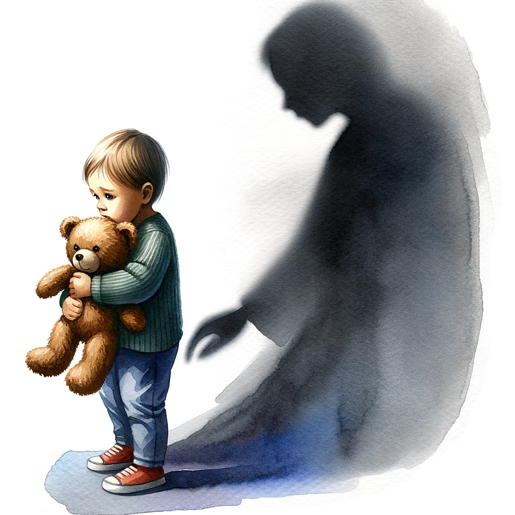 Child finding comfort from parent’s protective presence amidst looming shadows