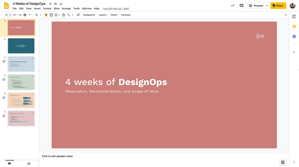 Screenshot of presentation titled “4 weeks of DesignOps”