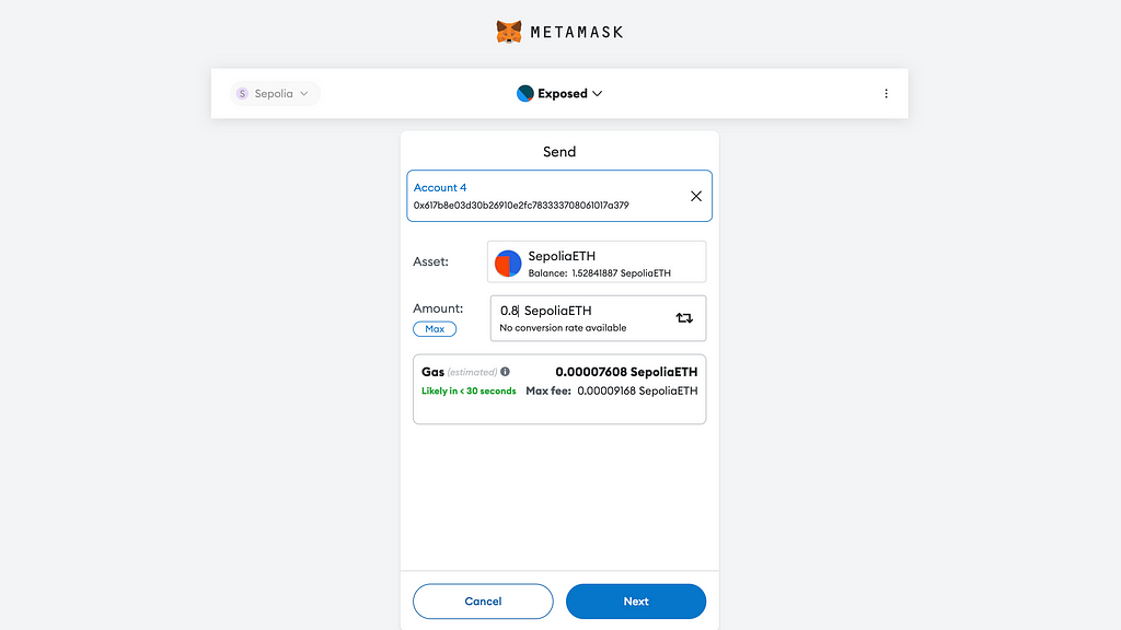 An image of Metamask wallet with a recommended gas fee