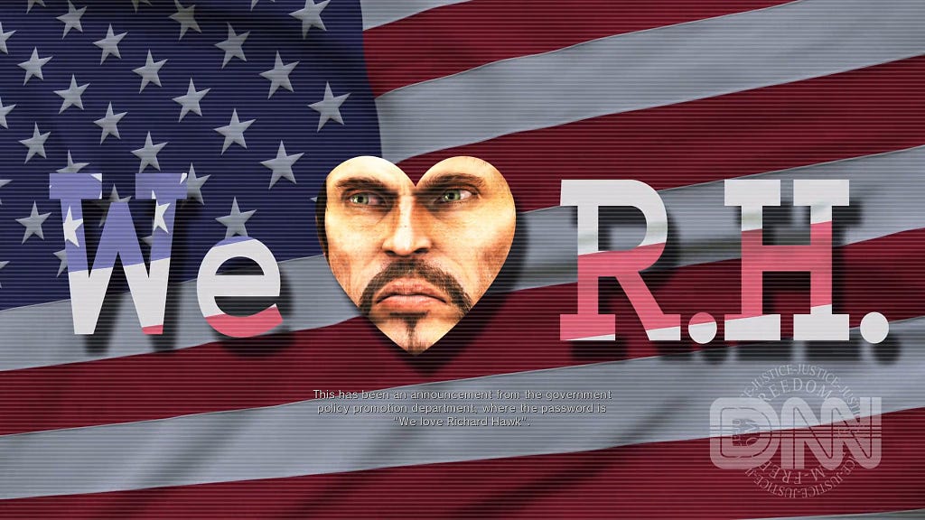Screenshot from Metal Wolf Chaos of an in game news broadcast saying “We Heart Richard Hawk” with the heart being a picture of antagonist Richard Hawk.