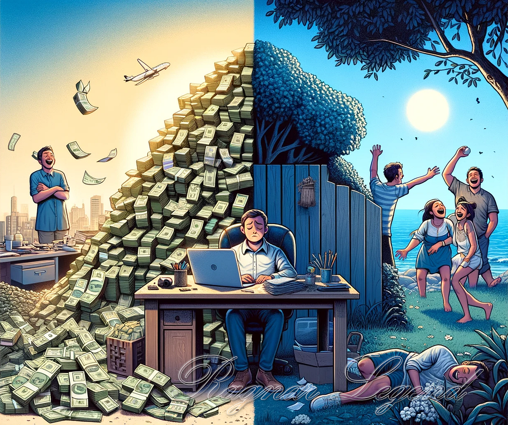 Contrast between a wealthy individual overwhelmed by work and solitude, and a person cherishing time with loved ones, emphasizing the value of relationships over riches.