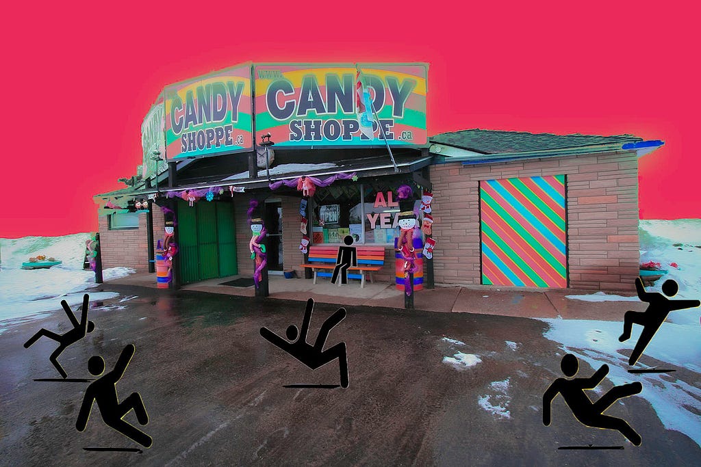 at a candy shop stick figures falling