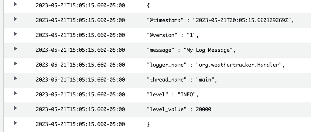 Screenshot of a partial AWS CloudWatch log listing