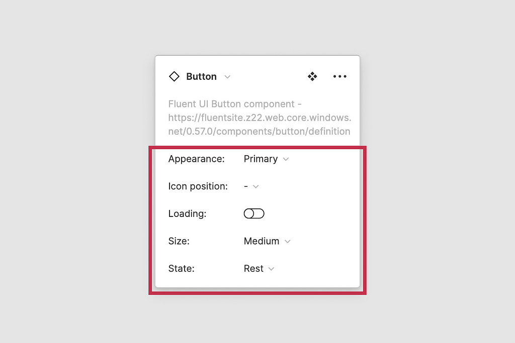Button controls inside Figma UI variants panel highlighting all the props