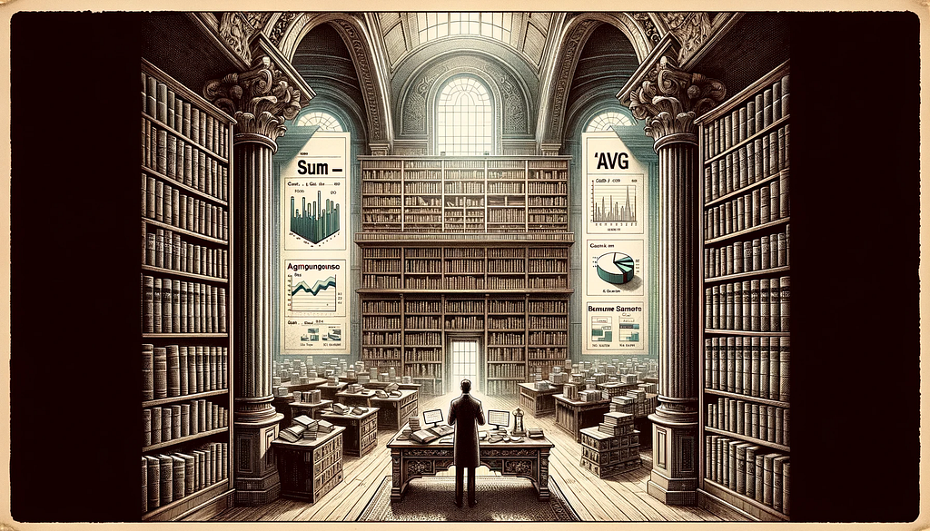 Visualize a grand, old library with towering bookshelves filled with books labeled ‘SUM()’, ‘AVG()’, and ‘COUNT()’. In the center, a figure stands at a large, ornate desk, analyzing data charts and graphs that illustrate the impactful results of these functions.