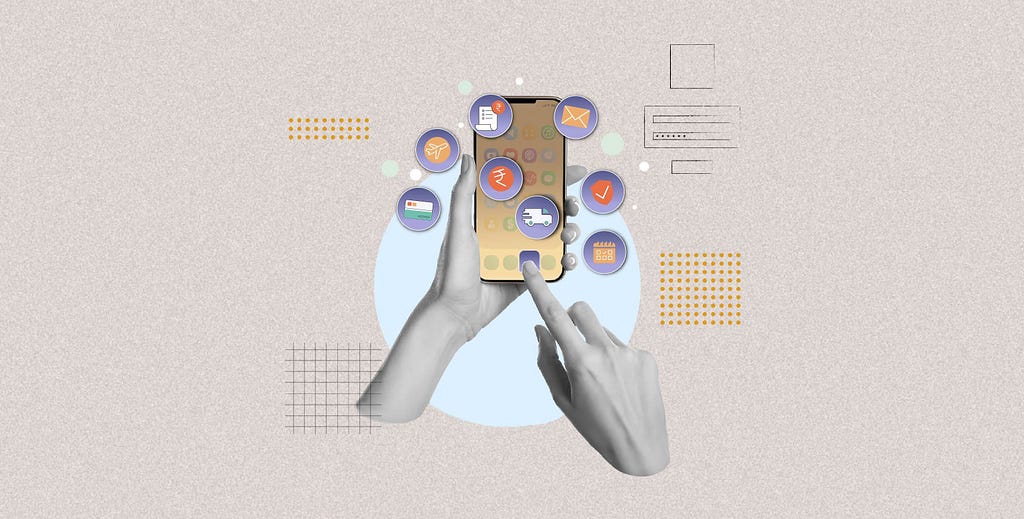 Hands holding a mobile phone, with multiple banking functions enfolded in a single fintech app.