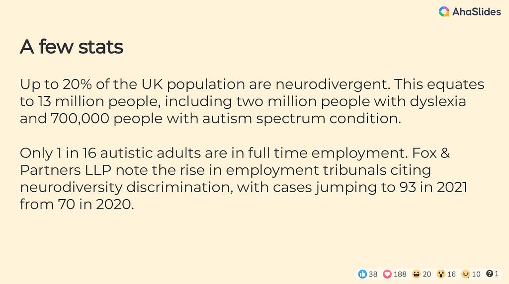 A few stats — Up to 20% of the UK population are neurodivergent. This equates to 13 million people, including two million people with dyslexia and 700,000 people with autism spectrum condition. Only 1 in 16 autistic adults are in full time employment. Fox & Partners LLP note the rise in employment tribunals citing neurodiversity discrimination, with cases jumping to 93 in 2021 from 70 in 2020.