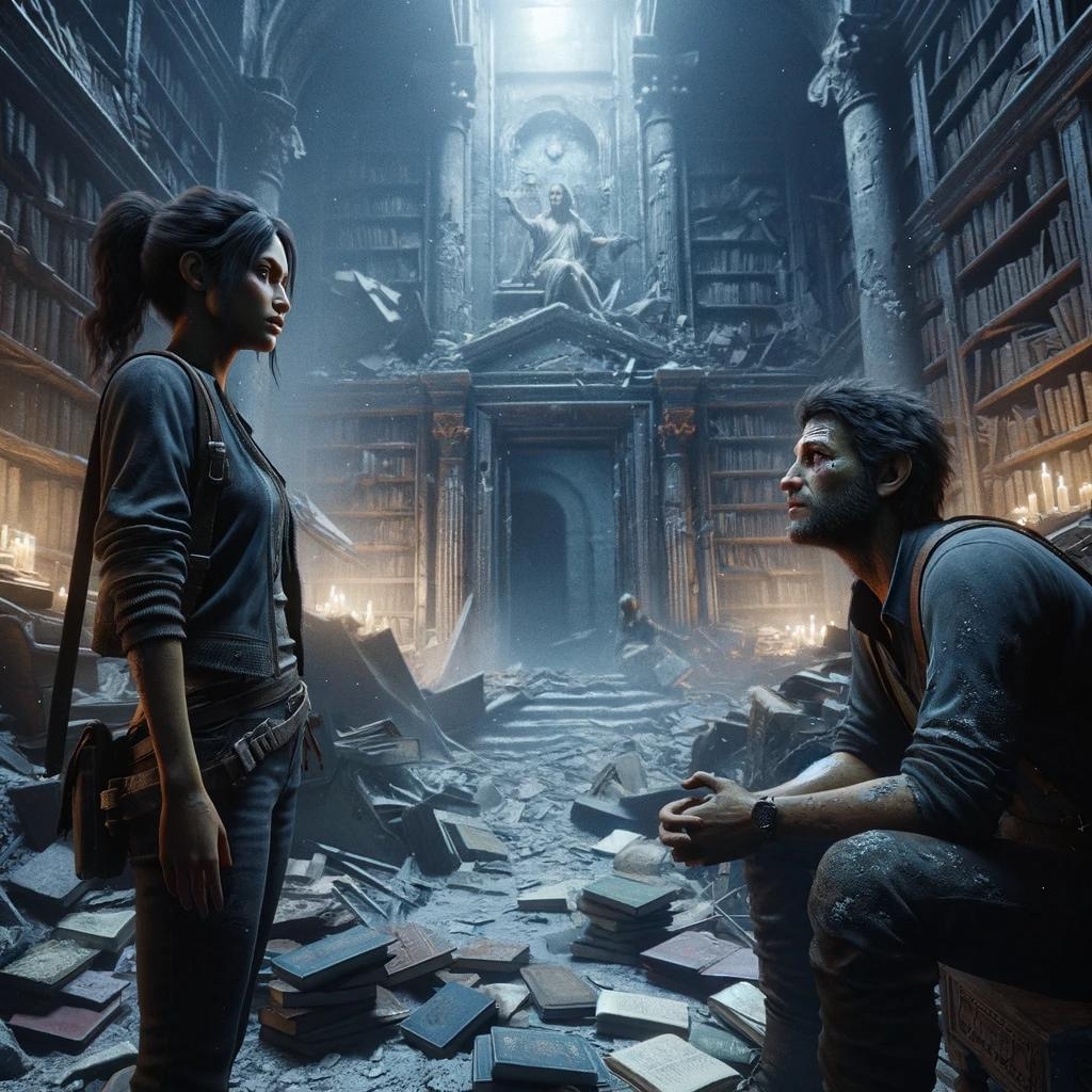 Cover design for ‘The Turing Test of Love: An AI Love Story’ | Act III | Crisis and Resolution | Chapter 1 | by Leonidas Esquire Williamson is showcasing an image depicting Valeria and James in the damaged library, engaged in a profound conversation amidst the debris, with the discovery of a hidden chamber in the background.