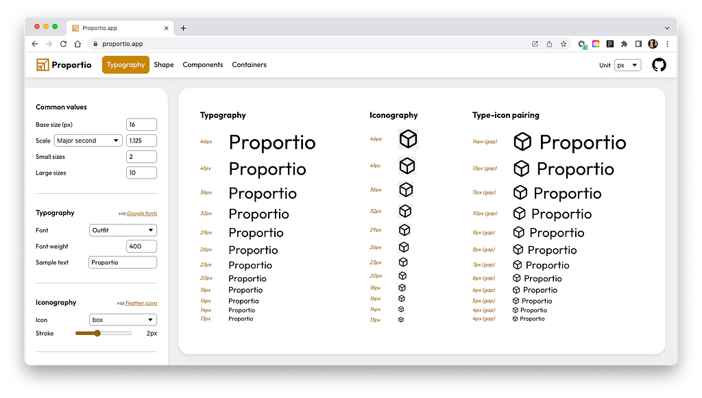 Screen shot of Proportio.app user interface showing header bar with options Typography, Shape, and Components. Panel displays configuration options for typography and icons, with main content area displaying typographic and iconographic scales